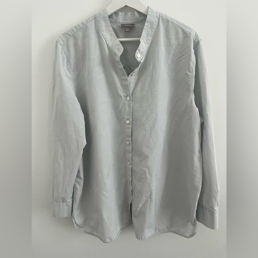 J Jill Light Blue Mandarin Collar Button Up Shirt Size Large Coastal Casual Mini